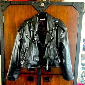 Good American vegan faux leather oversized cropped moto jacket